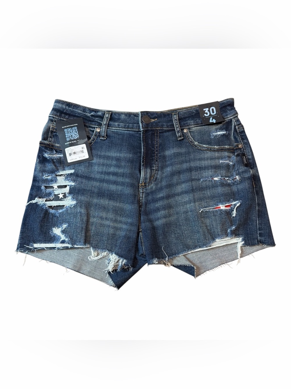 Silver Jeans Suki Shorts Size 30 NWT Distressed Flag Patch Raw Hem Denim